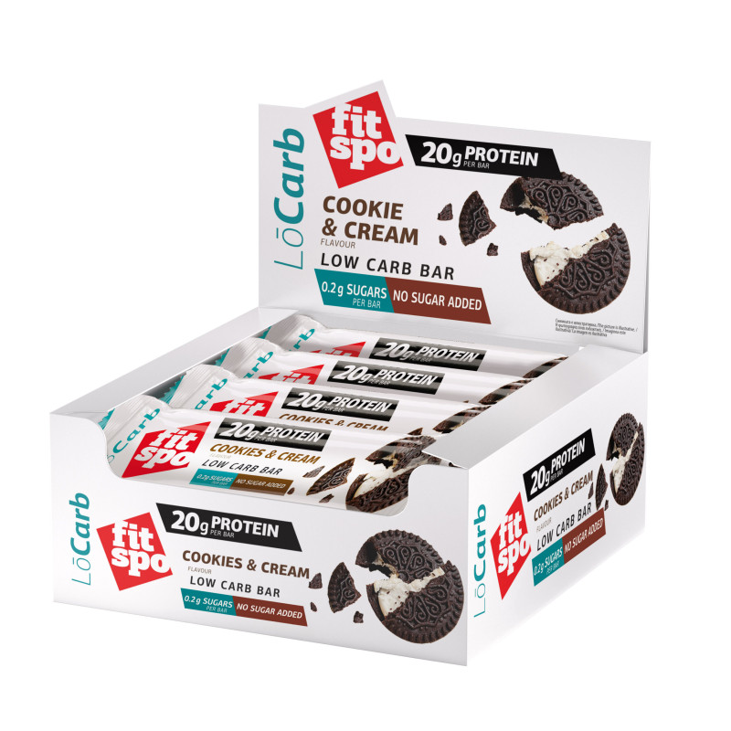 Cutie 12 Batoane Proteice FitSpo LoCarb Protein Bar 60g Cookies & Cream